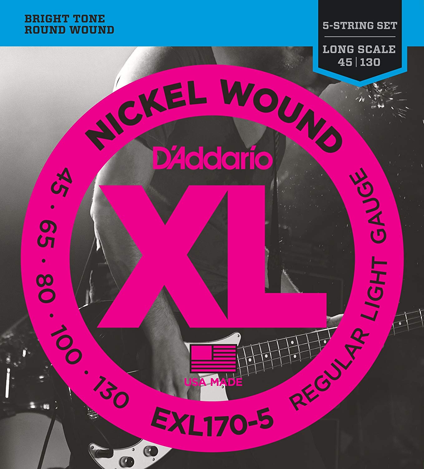 D'Addario Nickel Wound Bass Guitar Strings. EXL170-5  Regular Light Gauge. 5 Strings