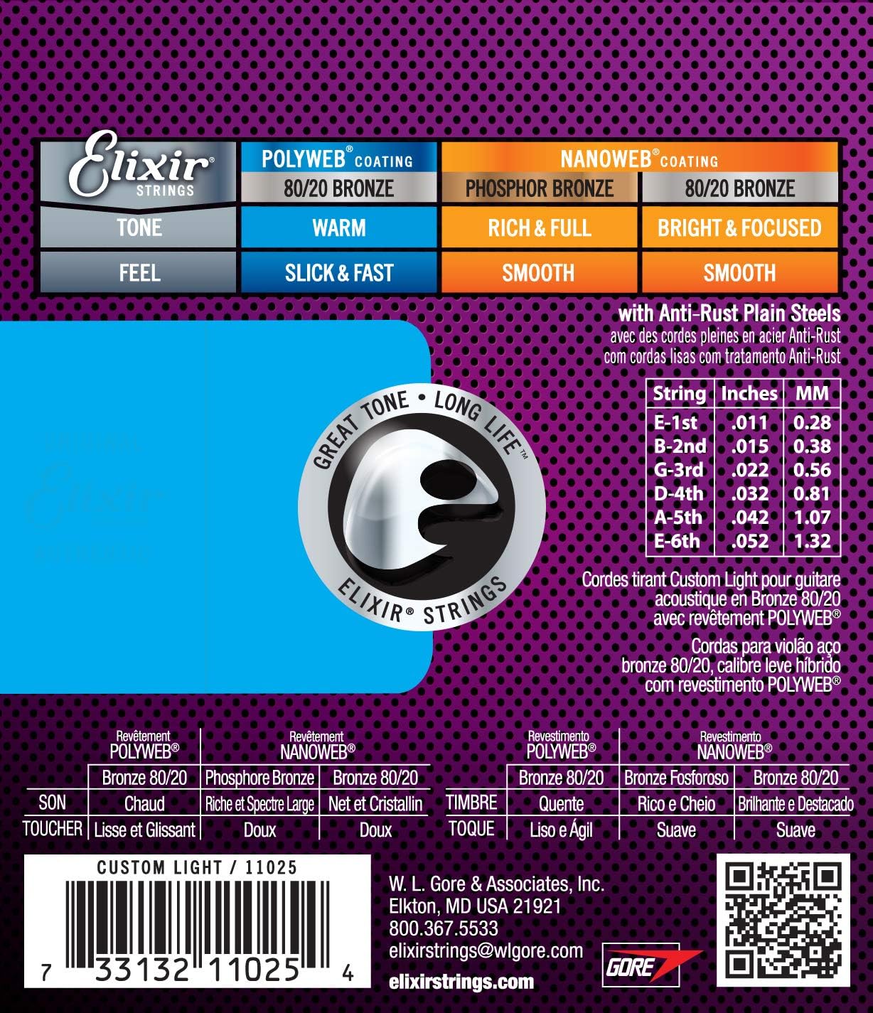 Elixir 11025, Acoustic 80/20 Bronze w/POLYWEB® Coating, Guitar Strings (Light .011-.052)