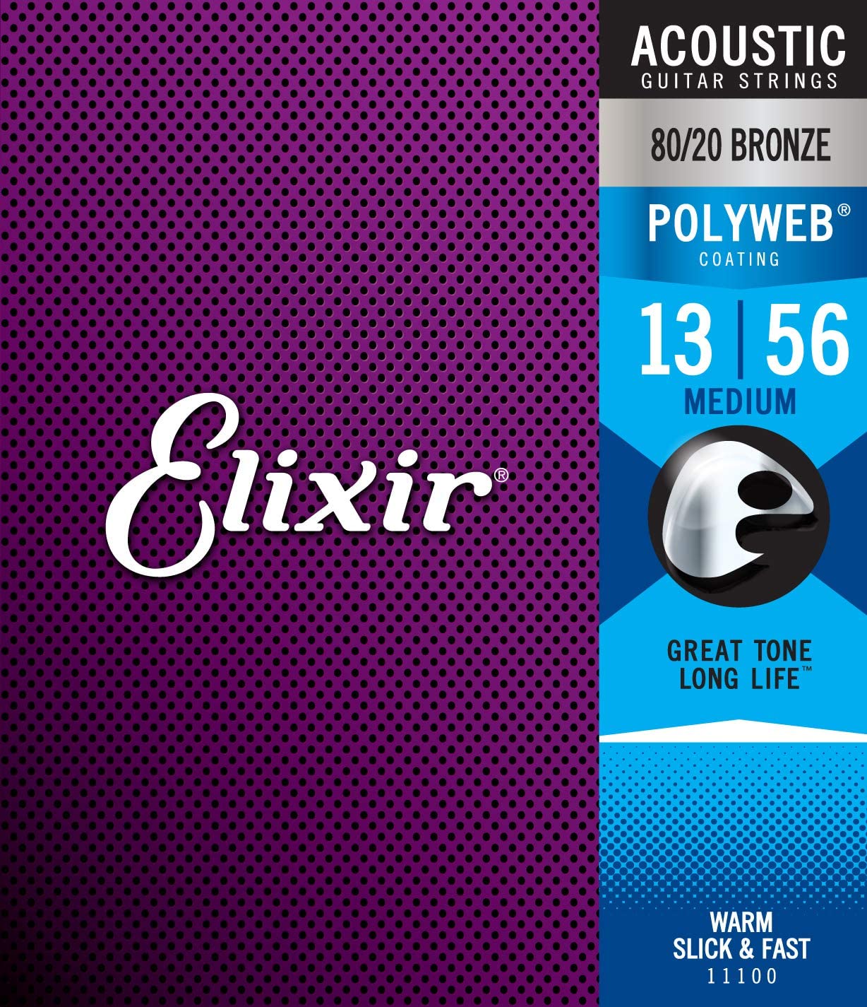 Elixir 11100, Acoustic 80/20 Bronze w/POLYWEB® Coating, Guitar Strings (Medium .013-.056)