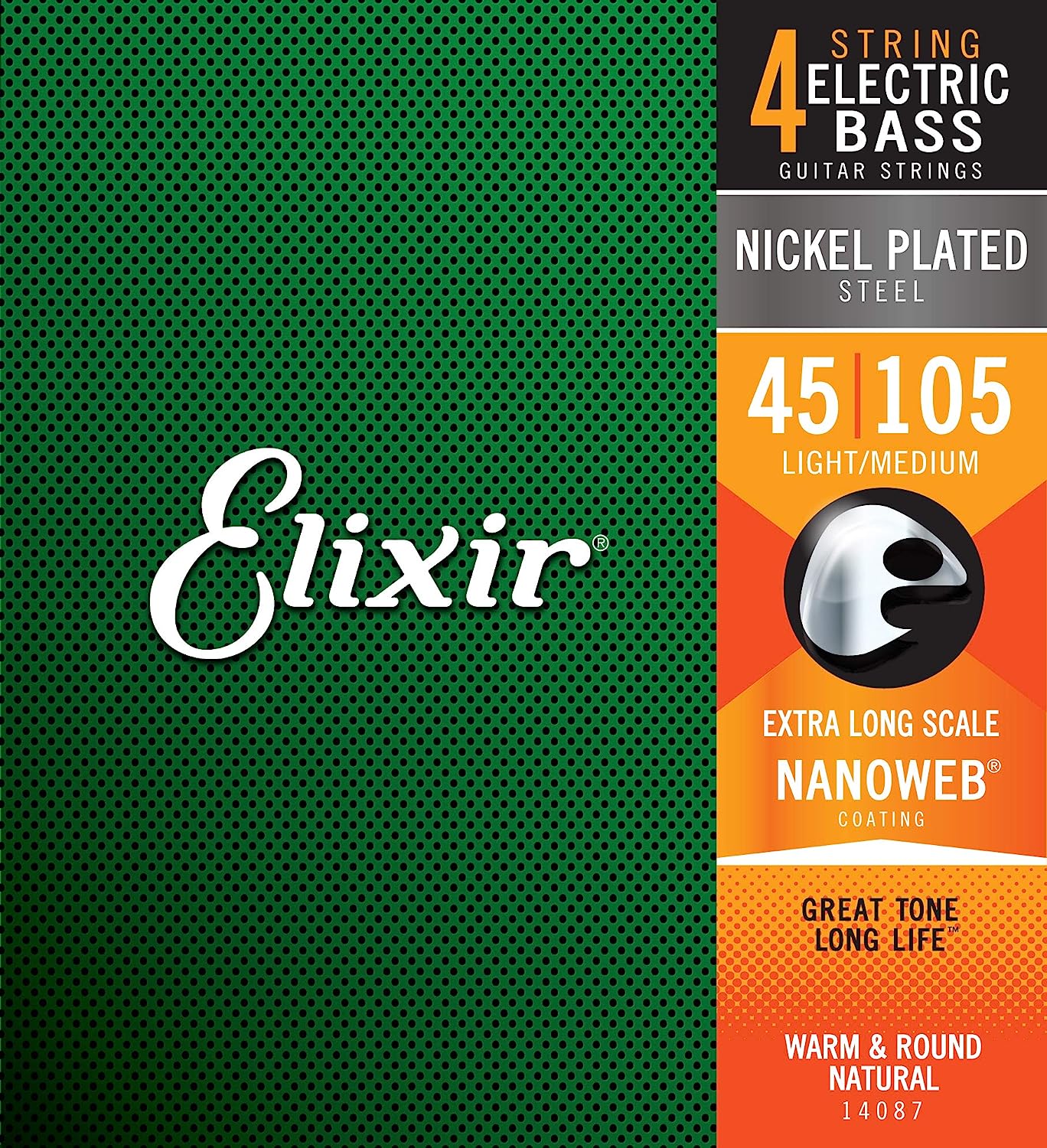Elixir 14087 Bass Nickel Plated Steel, 4-Strings, Nickel Plated w/NANOWEB Coating, Light/Medium, Extra Long Scale (.045-.105)
