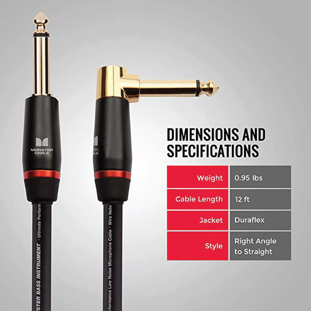 Monster® Prolink Bass 600549-00,Instrument Cable, Straight-to-Angle, 12ft., Black