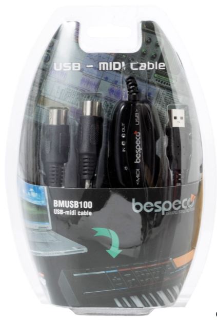 bespeco BMUSD100, USB/MIDI Interface Cable, Mac/Windows, w/ 5 poles DIN IN/OUT connectors, 2m/6.5ft., Silver