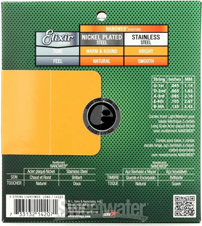 Elixir 14207, Bass Electric Guitar 5 Strings, Nickel Plated Steel, NANOWEB, Light/Medium, Long Scale (.045-.135)
