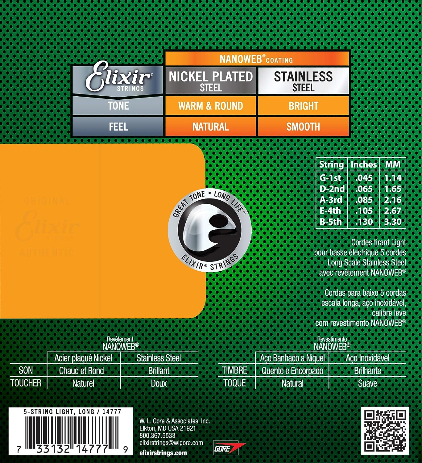Elixir 14777, Bass Electric Guitars Strings, 5-Strings, Stainless Steel w/NANOWEB Coating, Light/Medium, Long Scale -.045-.130