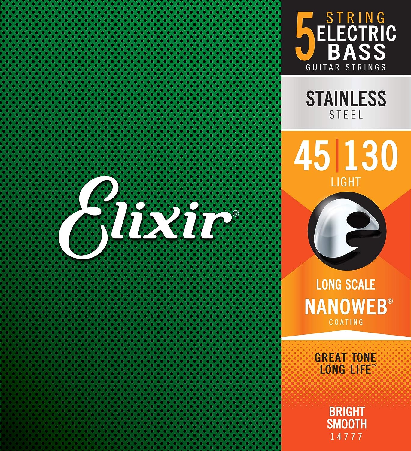 Elixir 14777, Bass Electric Guitars Strings, 5-Strings, Stainless Steel w/NANOWEB Coating, Light/Medium, Long Scale -.045-.130