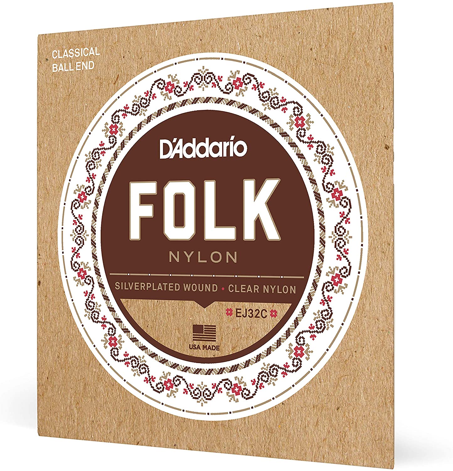 D'Addario EJ32C Folk Nylon Acoustic Guitar Strings Ball End Silver Wound/Clear Nylon Trebles