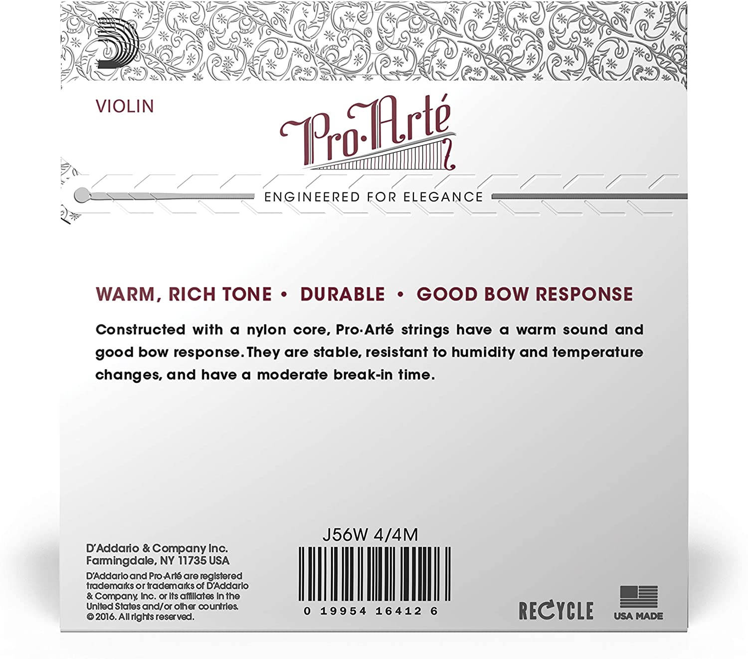 D’Addario Pro-Arte Violin Strings - J56W 4/4M - 4/4 Scale, Medium Tension - Set of 4