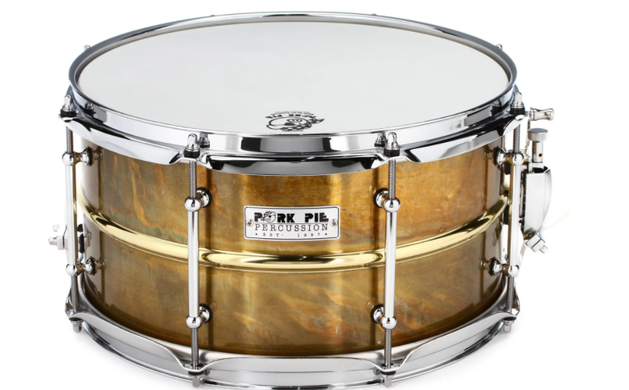 Pork Pie Percussion Patina Brass Snare Drum - 7" x 13", Polished Bead