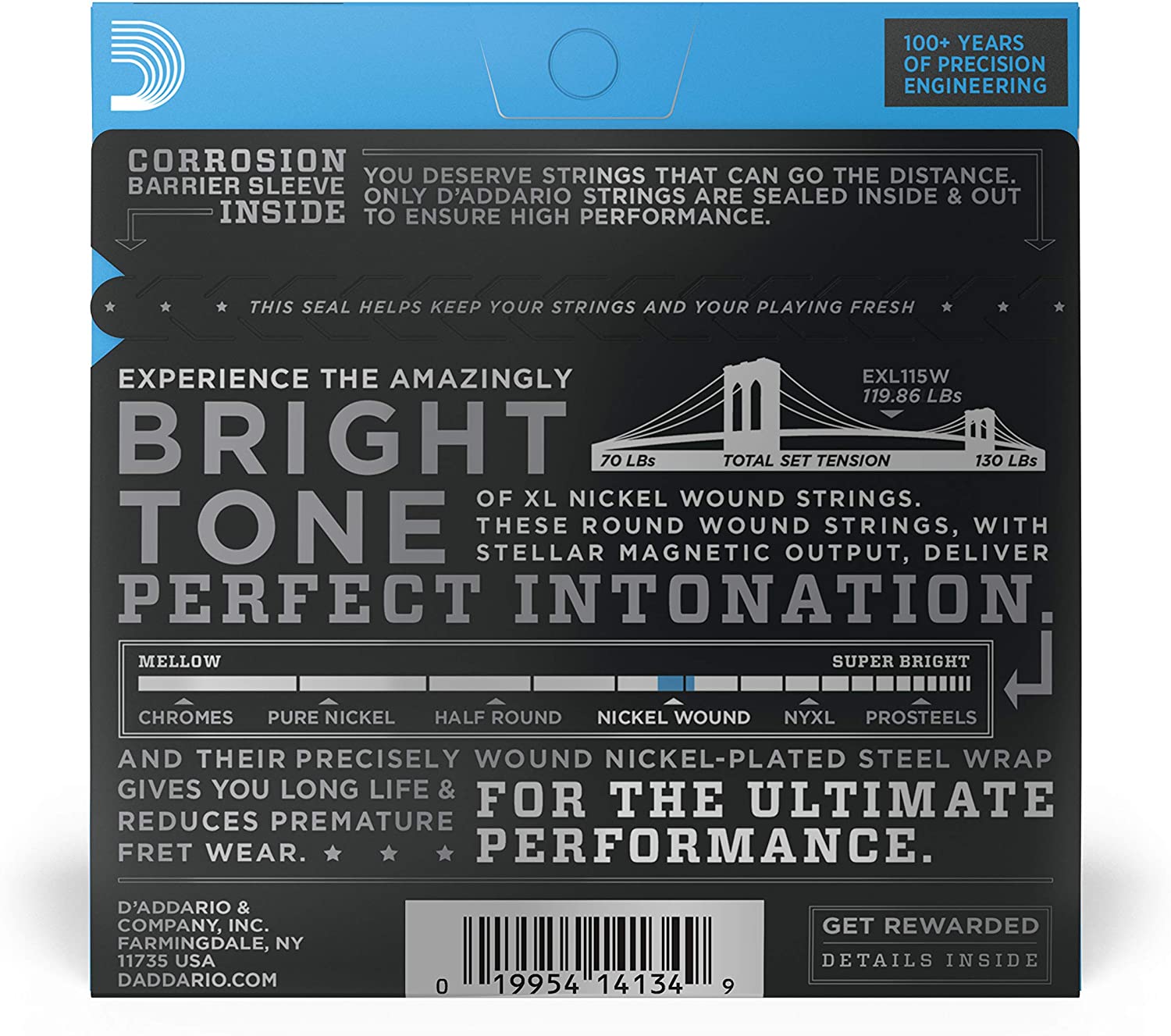 D'Addario EXL115w Nickel Wound Electric Guitar Strings, Medium/Blues-Jazz Rock, Wound 3rd, 11-49