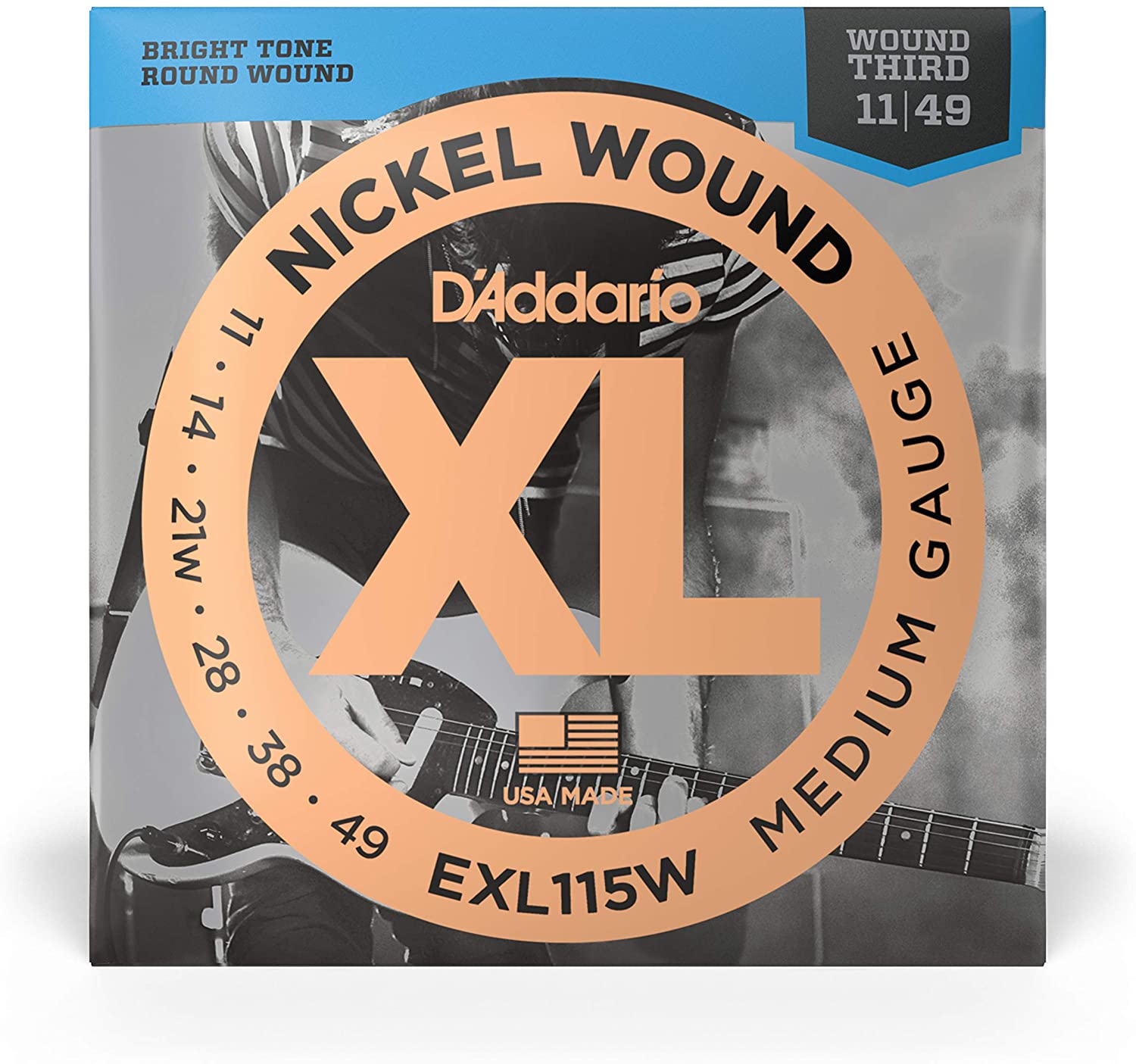 D'Addario EXL115w Nickel Wound Electric Guitar Strings, Medium/Blues-Jazz Rock, Wound 3rd, 11-49
