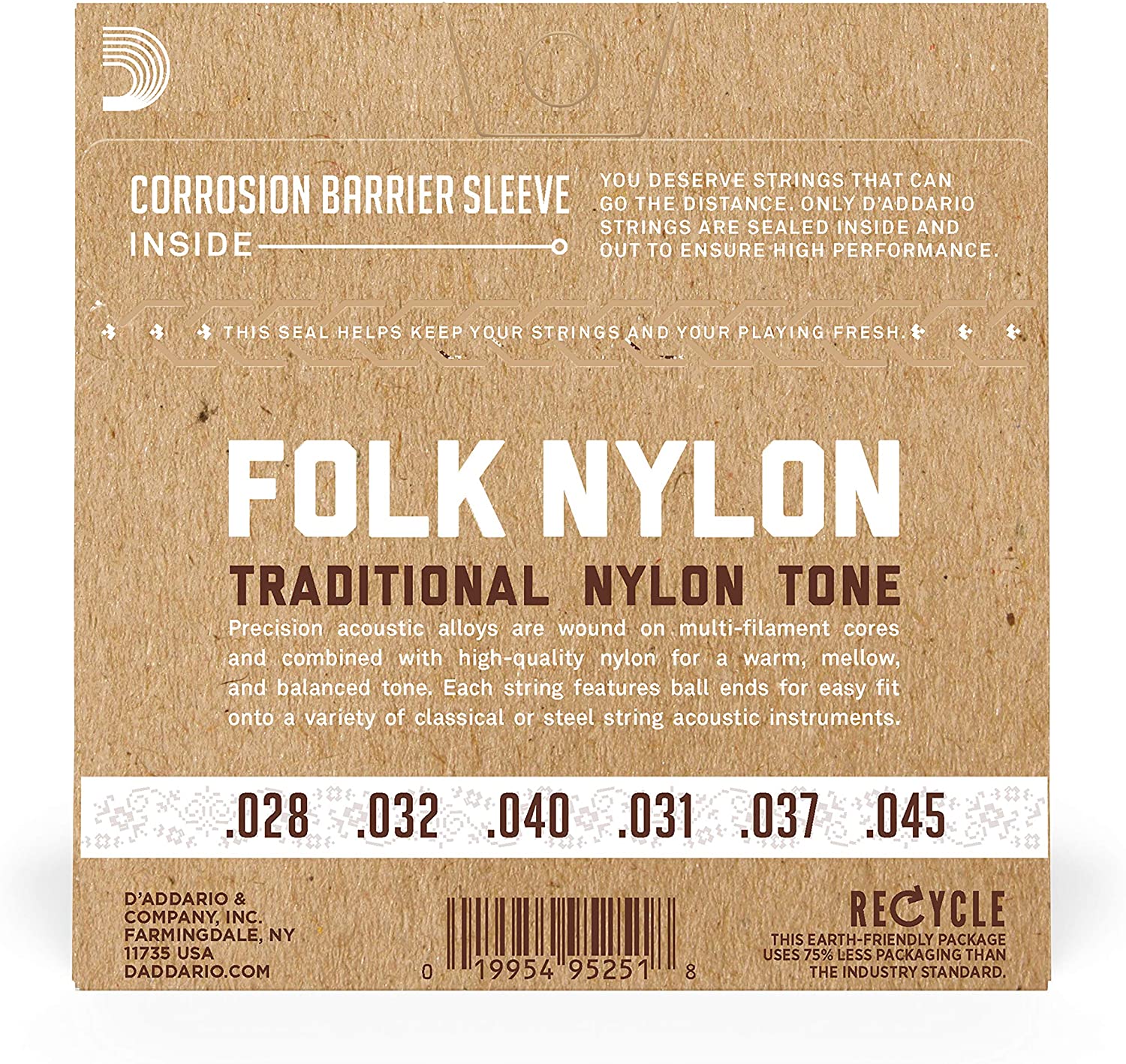 D'Addario EJ33, Folk Acoustic Guitar Strings, Clear Nylon, 80/20 Bronze, Treble, .011-.052