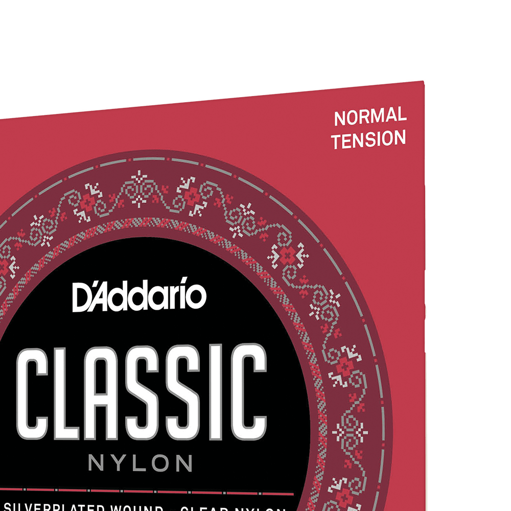 D'Addario EJ27N Silver Plated Wrap, Nylon Core, Clear Nylon Trebles ball end. Student Nylon Classical Guitar Strings, Normal Tension