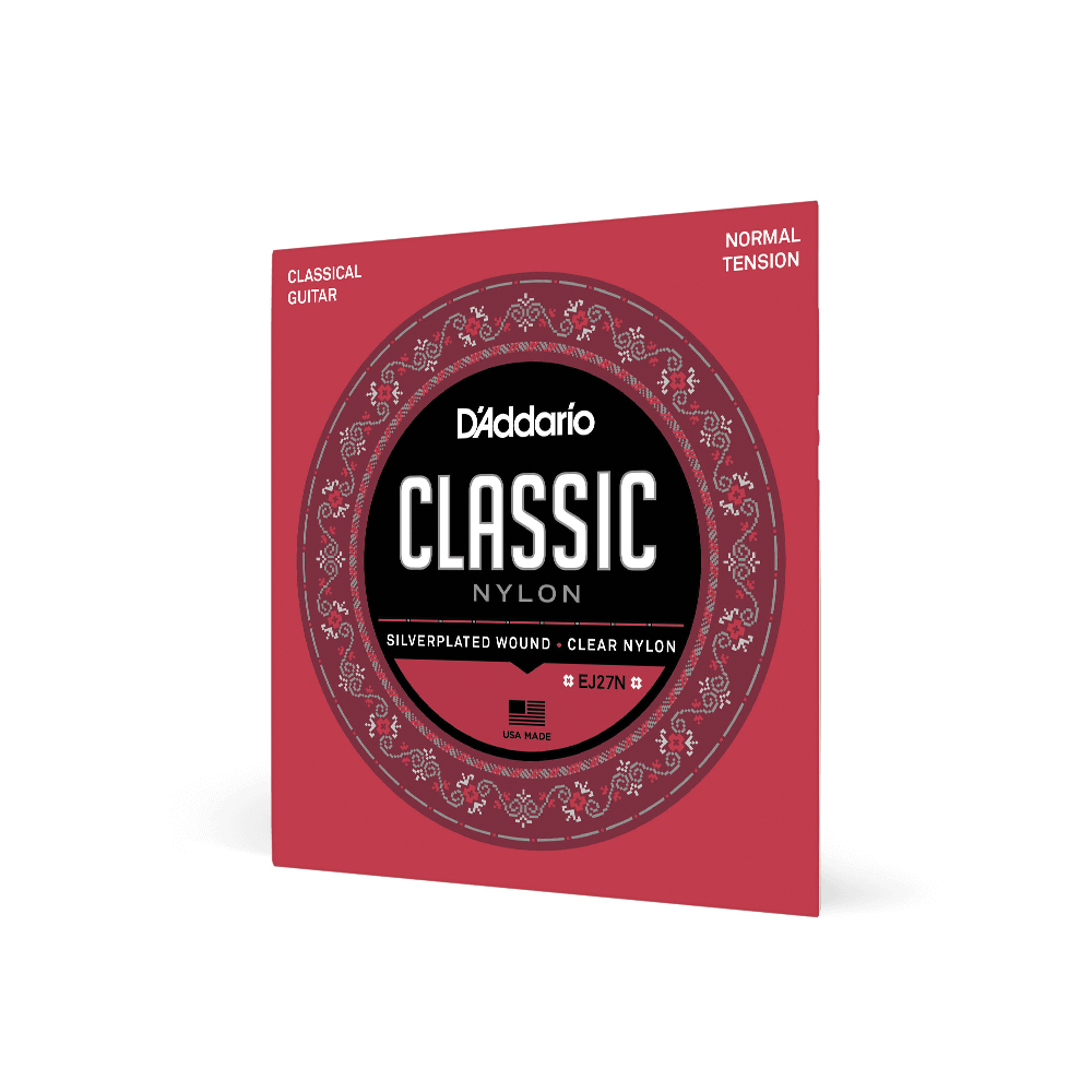 D'Addario EJ27N Silver Plated Wrap, Nylon Core, Clear Nylon Trebles ball end. Student Nylon Classical Guitar Strings, Normal Tension