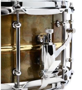Pork Pie Percussion Patina Brass Snare Drum - 7" x 13", Polished Bead