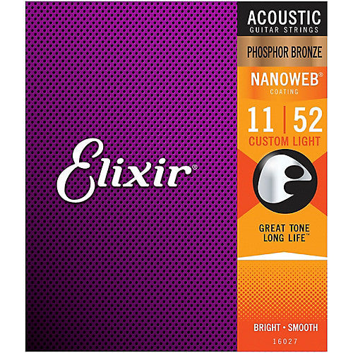 Elixir Acoustic Guitar Strings 16027, Nanowedm Phosphor Bronze Coater, Custom Light, 11/52