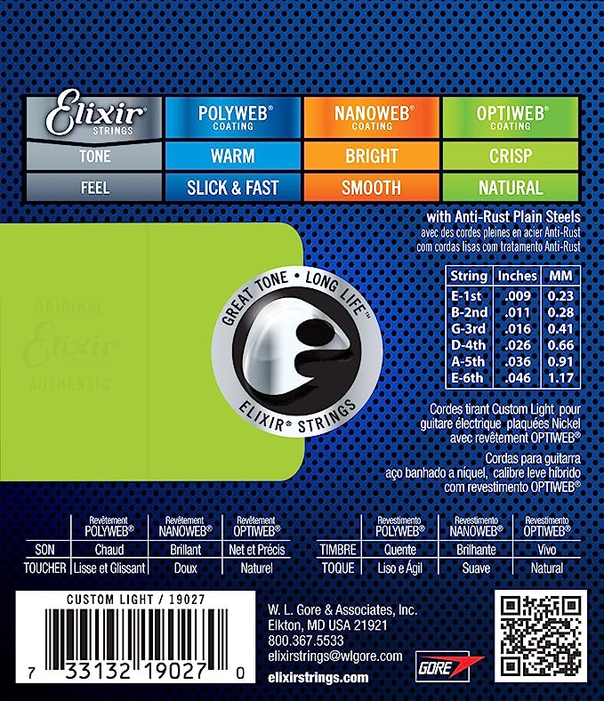 Elixir 19027, Electric Guitar Strings, Nickel Plated Steel  w/OPTIWEB™ Coating, Custom Light .009-.046)
