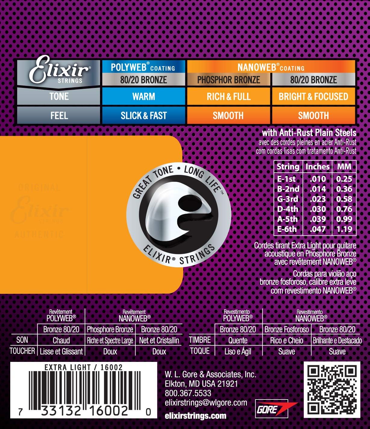 Elixir 16002 Acoustic Guitar Strings, Phosphor Bronze w/ NANOWEB® Coating, Extra Light, 010-.047