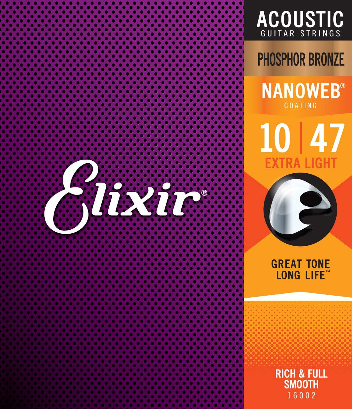 ELIXIR 16002 Acoustic Phosphor Bronze  w/ NANOWEB® Coating, Guitar Strings  (Extra Light, 010-.047)