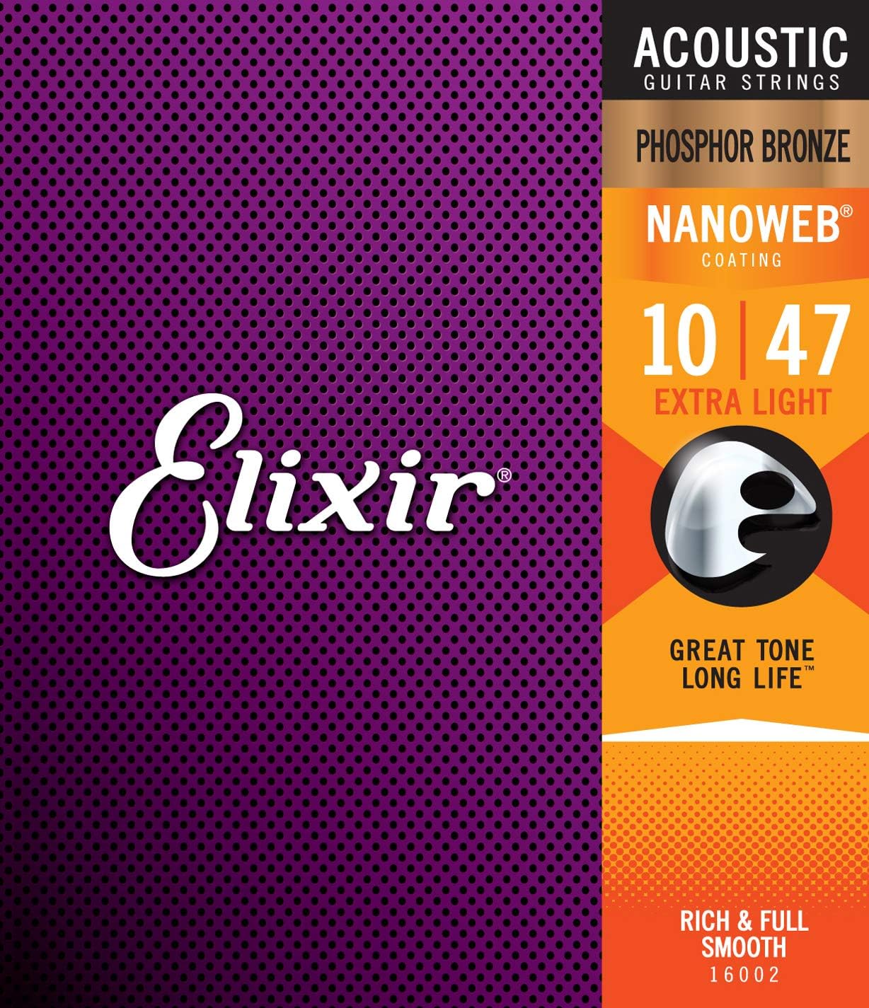 Elixir 16002 Acoustic Guitar Strings, Phosphor Bronze w/ NANOWEB® Coating, Extra Light, 010-.047