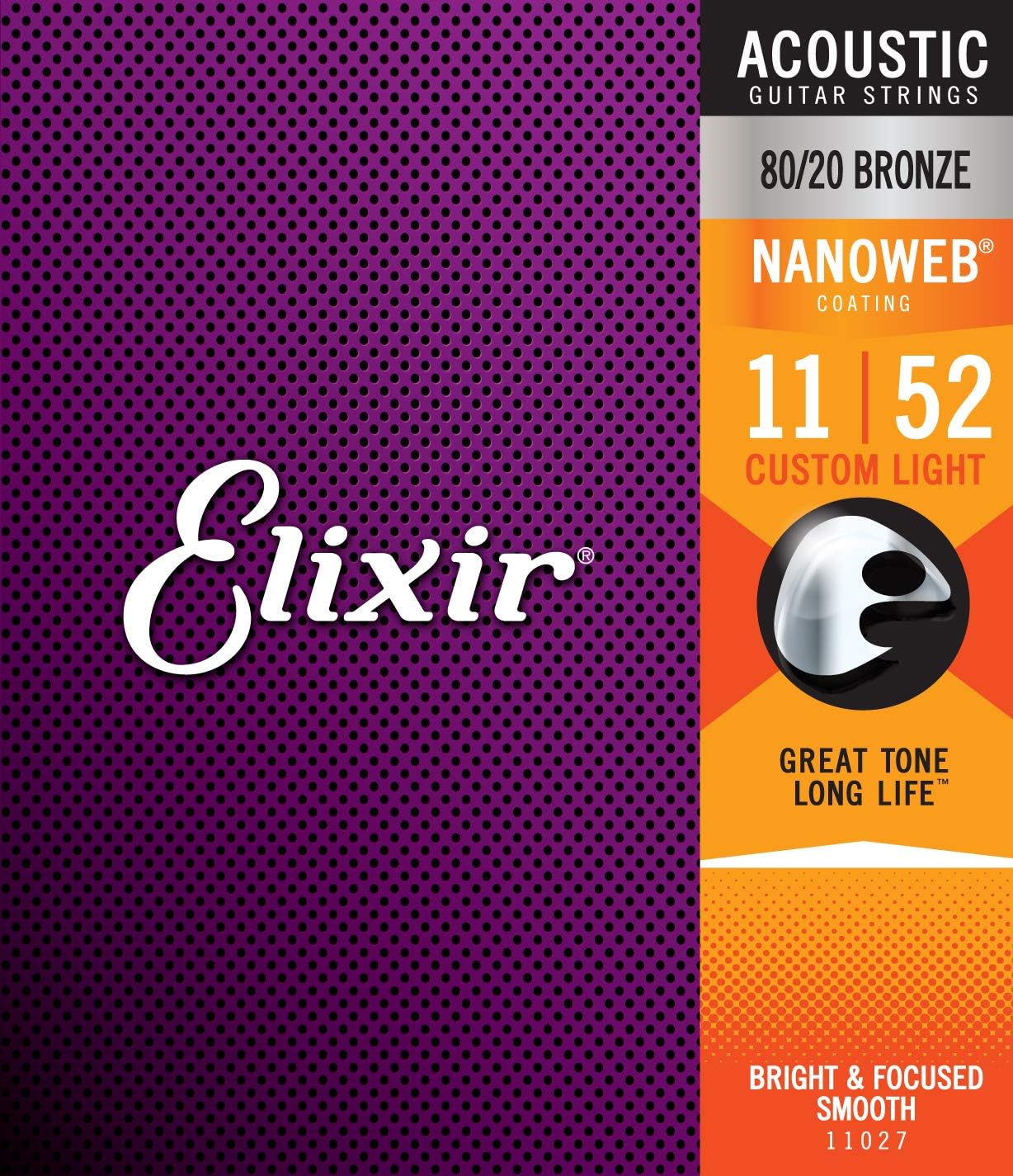 Elixir 11027, Acoustic 80/20 Bronze w/NANOWEB® Coating, Guitar Strings (Custom Light .011-.052)