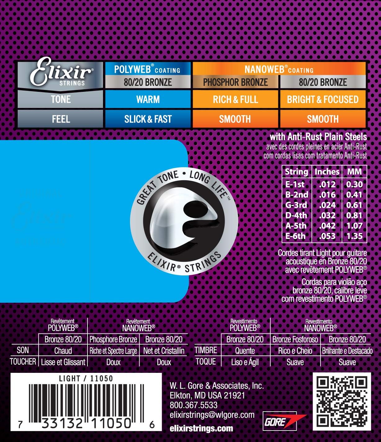 Elixir 11050, Acoustic 80/20 Bronze  w/ POLYWEB® Coating, Guitar Strings (Light .012-.053)