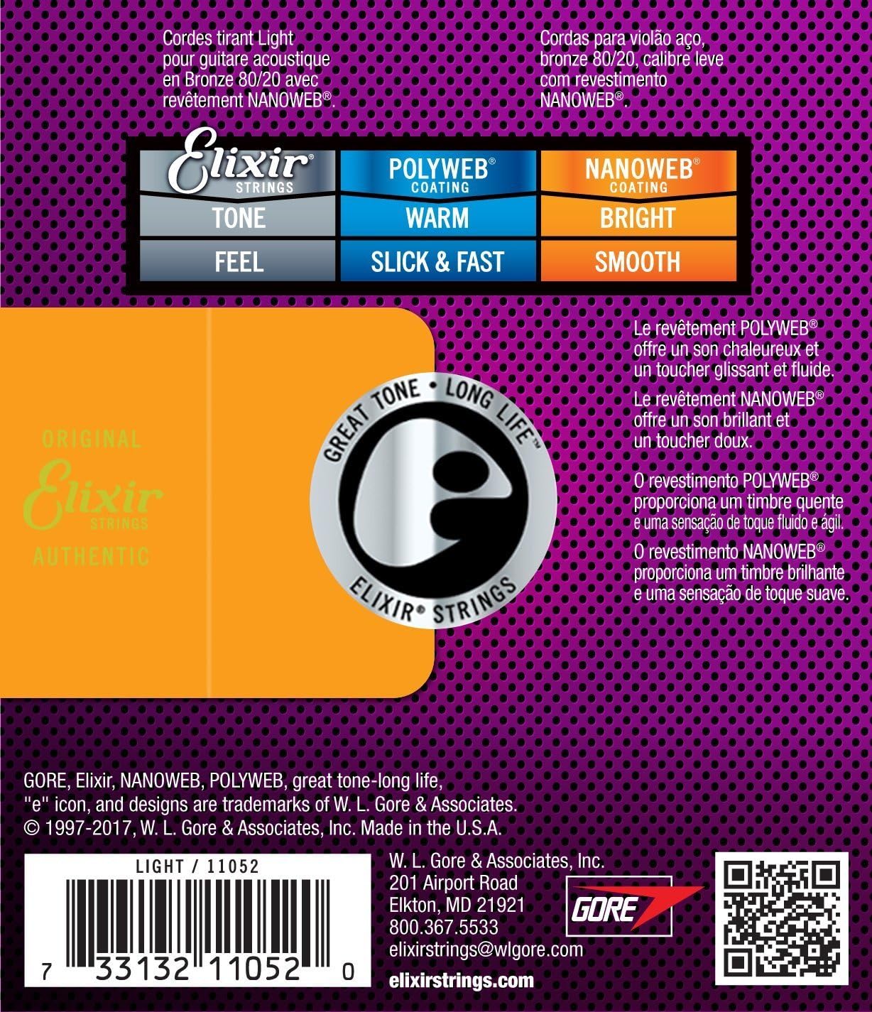 Elixir 11052, Acoustic Guitar Strings, 80/20 Bronze w/ NANOWEB Coating, Light .012-.053