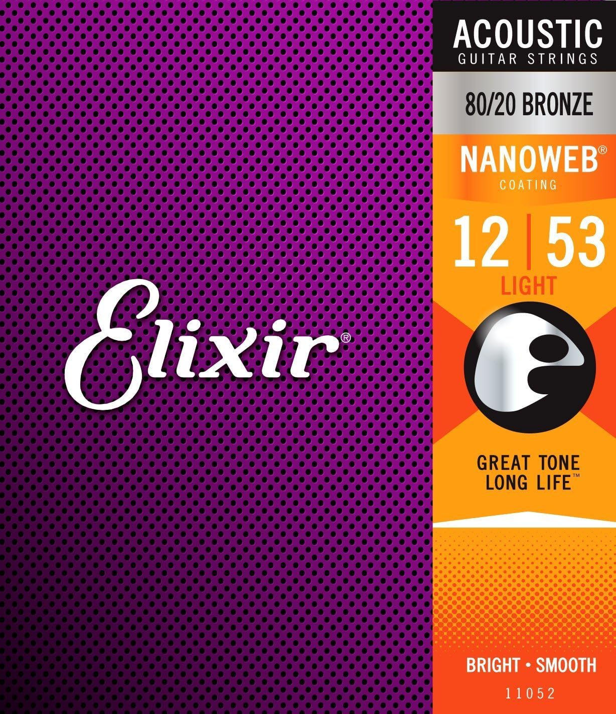 ELIXIR 11052, Acoustic 80/20 Bronze  w/ NANOWEB Coating, Guitar Strings (Light .012-.053)