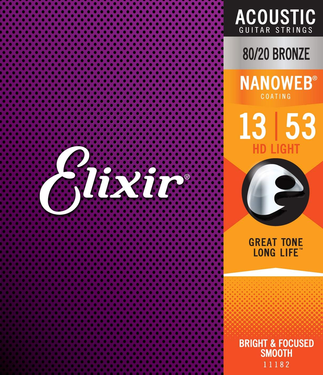 Elixir 11182, Acoustic Guitar Strings, 80/20 Bronze w/ NANOWEB Coating, HD Light .013-.053