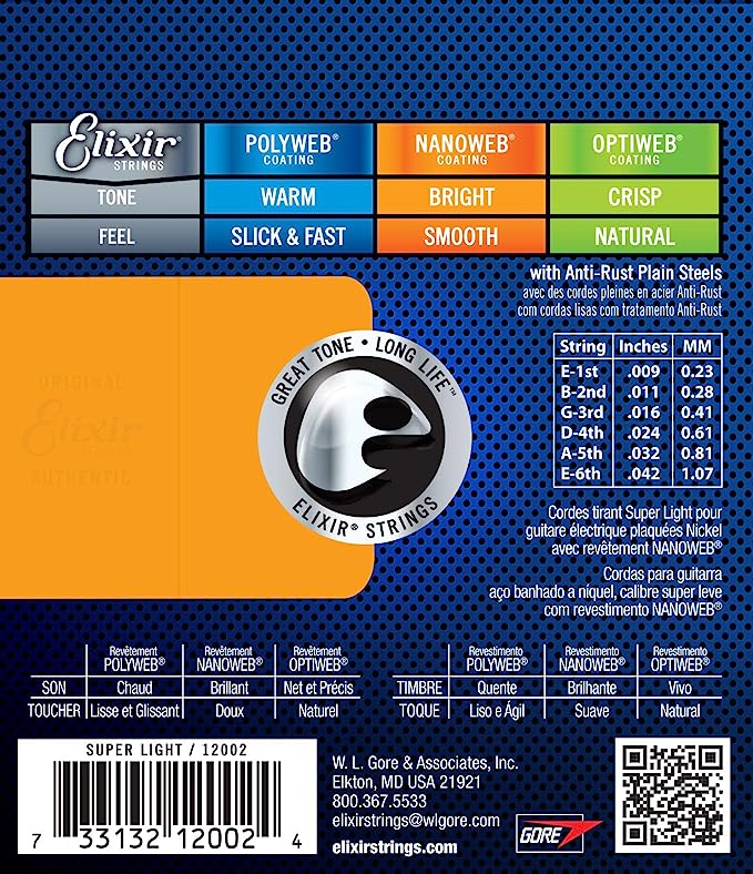 ELIXIR 12002 Electric Guitar Strings, Nickel Plated Steel with NANOWEB™ Coating (Super Light .009-.042)