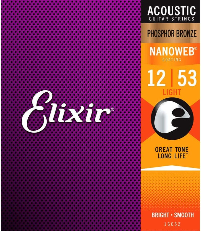 ELIXIR 16052 Acoustic Phosphor Bronze w/ NANOWEB® Coating , Guitar Stings (Light .012-.053)