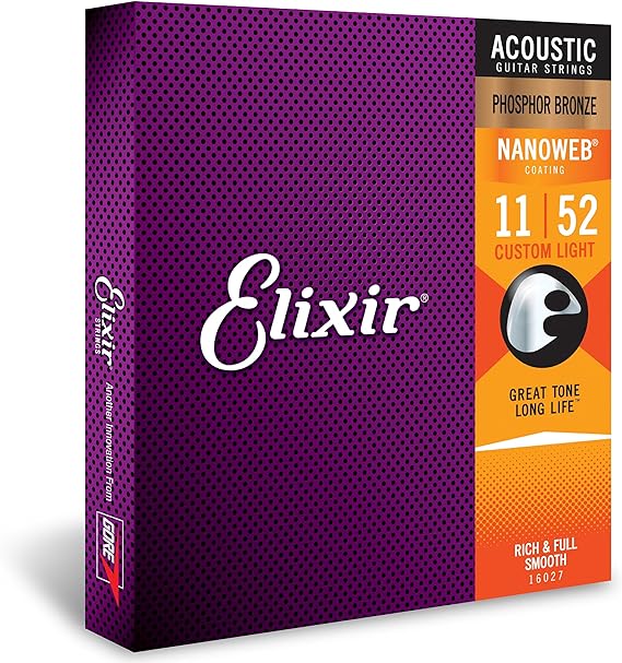 ELIXIR 16027 Acoustic Phosphor Bronze, w/NANOWEB® Coating, Guitar Strings  Custom Light - .011-.052)