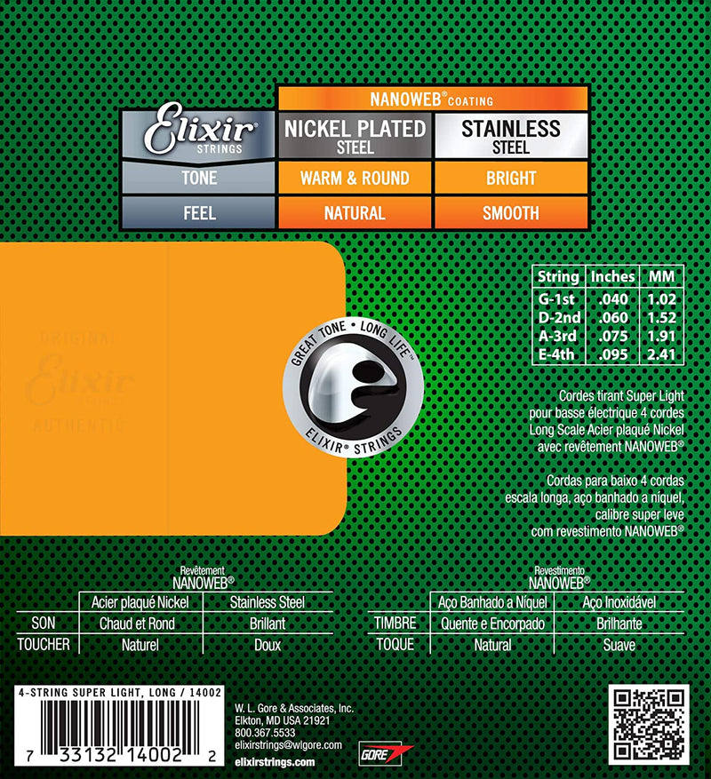 Elixir 14002 Nickel Plated Steel 4-Strings Bass Strings with NANOWEB® Coating  Long Scale, Super Light (.040-.095)