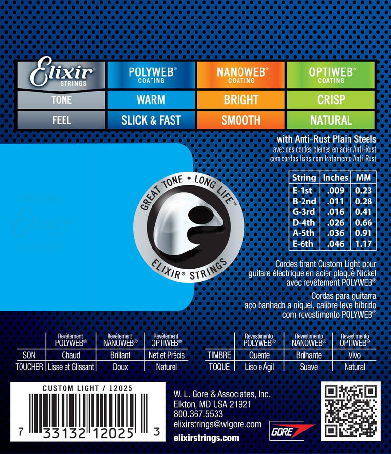 ELIXIR 12025 Electric Guitar Strings, Nickel Plated Steel with POLYWEB™ Coating (Custom Light .009-.046)
