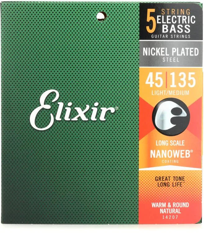 ELIXIR 14207,  Bass Nickel Plated Steel, 5 Strings w/Nanoweb, Light/Medium, Long Scale (.045-.135)