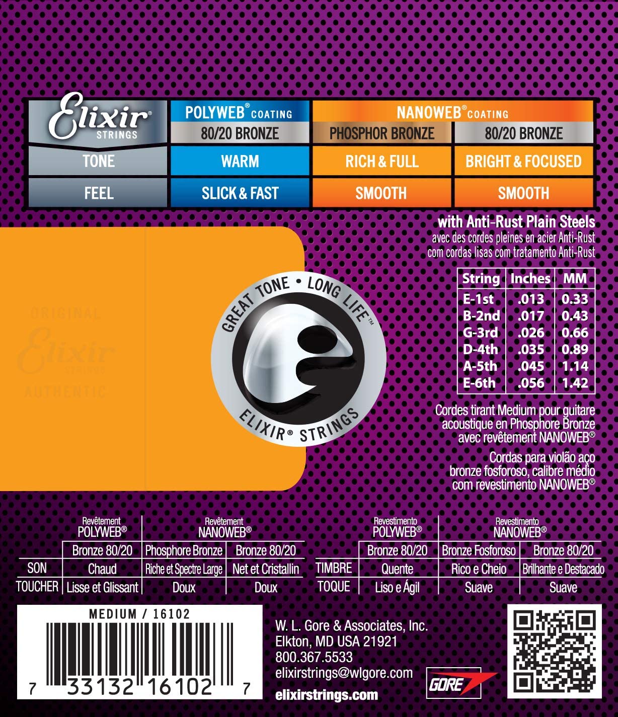 Elixir 16102 Acoustic Guitar Strings, Phosphor Bronze w/ NANOWEB® Coating, Medium .013-.056