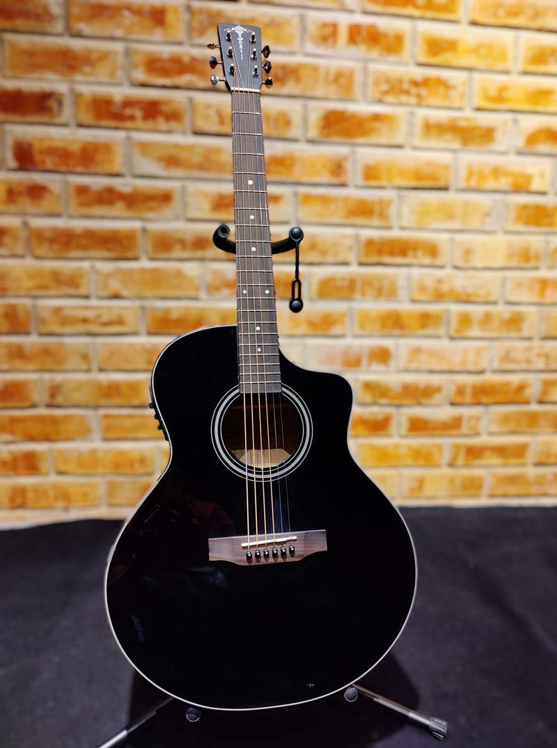 Tokai Cat's Eyes Acoustic/Electric Guitar, CE57-GO-EA, Black with Presys+ 201 PreAmp, Solid Spruce Top, Mahogany Side Back/Neck, Rosewood Fingerboard, and Gig Bag.