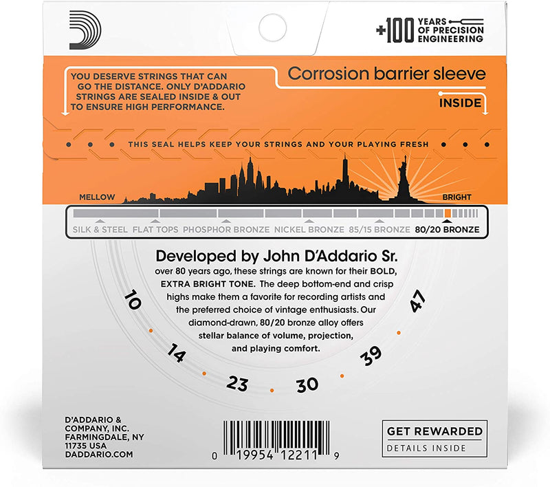 D'Addario EJ10 80/20 Bronze, Acoustic Guitar Strings, Extra Light, 10-47