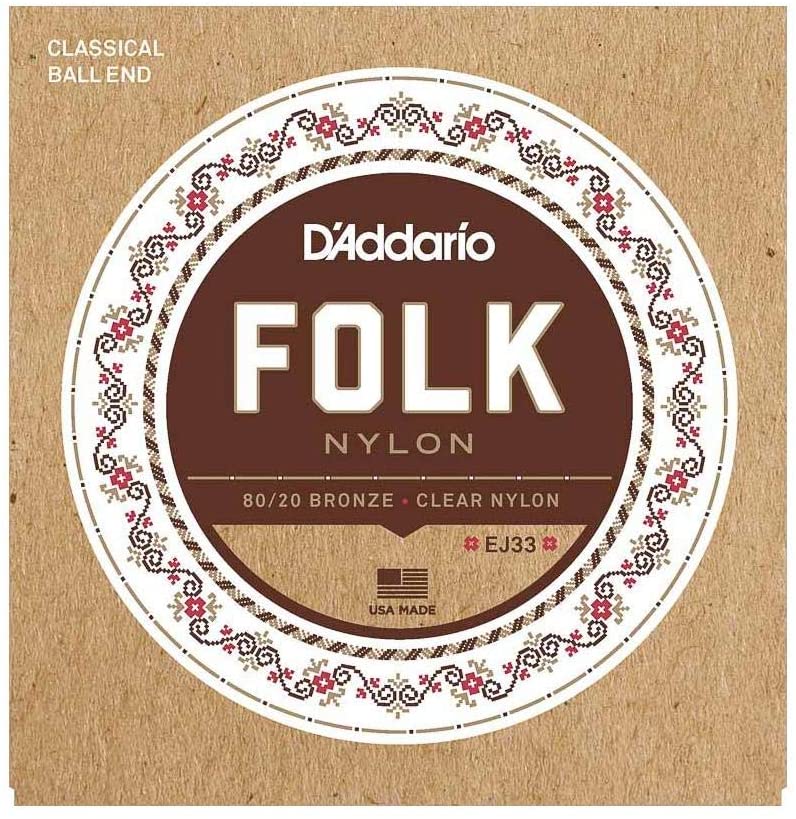D'Addario EJ33  80/20 Bronze/Clear Nylon Trebles, Folk Nylon Acoustic Guitar Strings, .011-.052