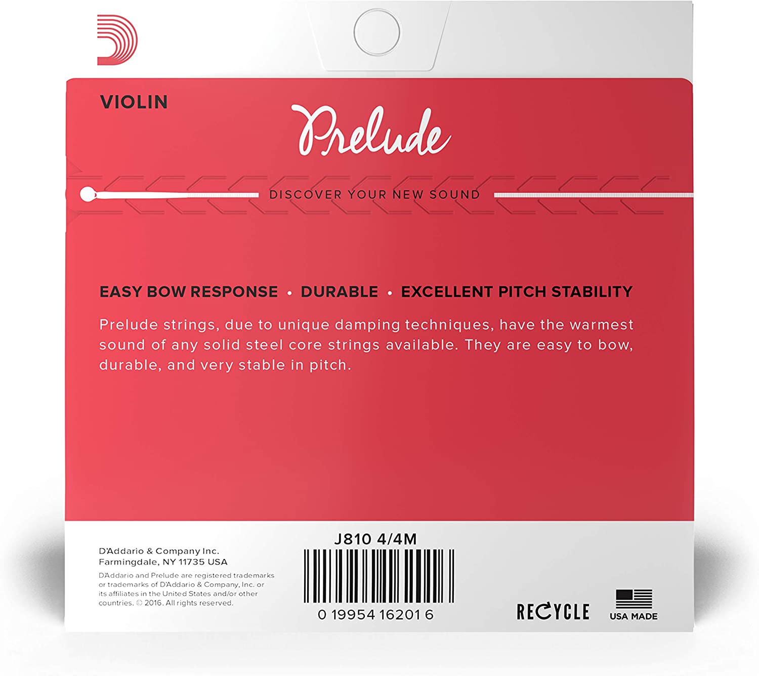 D’Addario Prelude Violin Strings - J810 4/4M,  4/4 Scale, Medium Tension - Set of 4