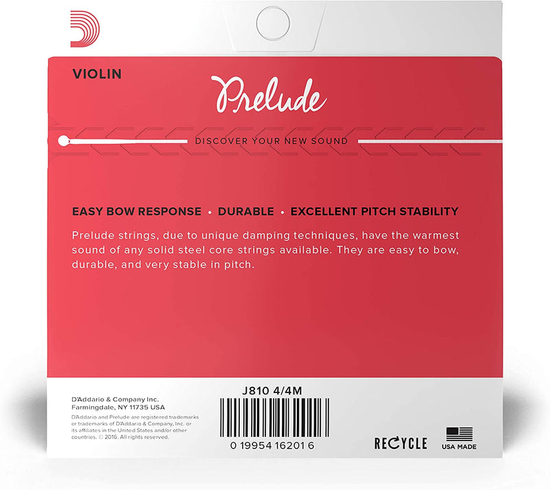 D’ Addario Prelude Violin Strings - J810 4/4M,  4/4 Scale, Medium Tension - Set of 4