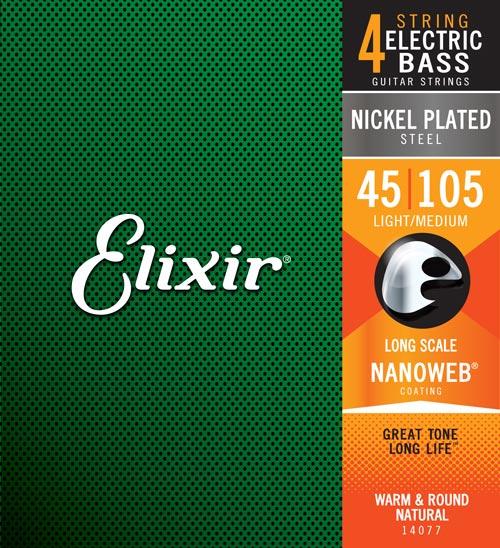 ELIXIR 14077 Nickel-Plated Steel, 4-String Bass Guitar Strings with Nanoweb coating, Long Scale, Light (.045-.105)