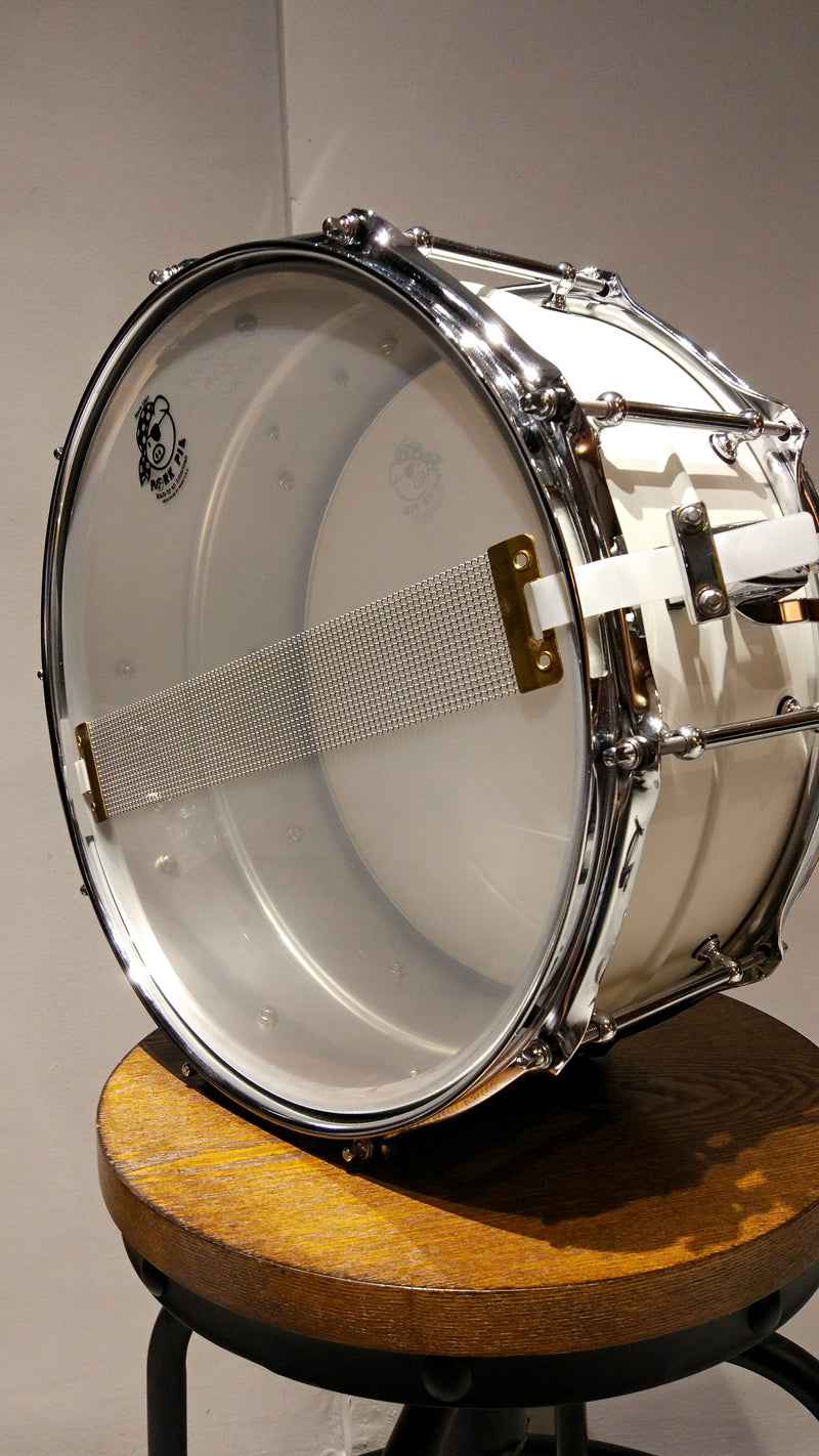 Pork Pie Snare  6.5"x14", Chrome Plated Brass Shell, Olympic White w/padded bag