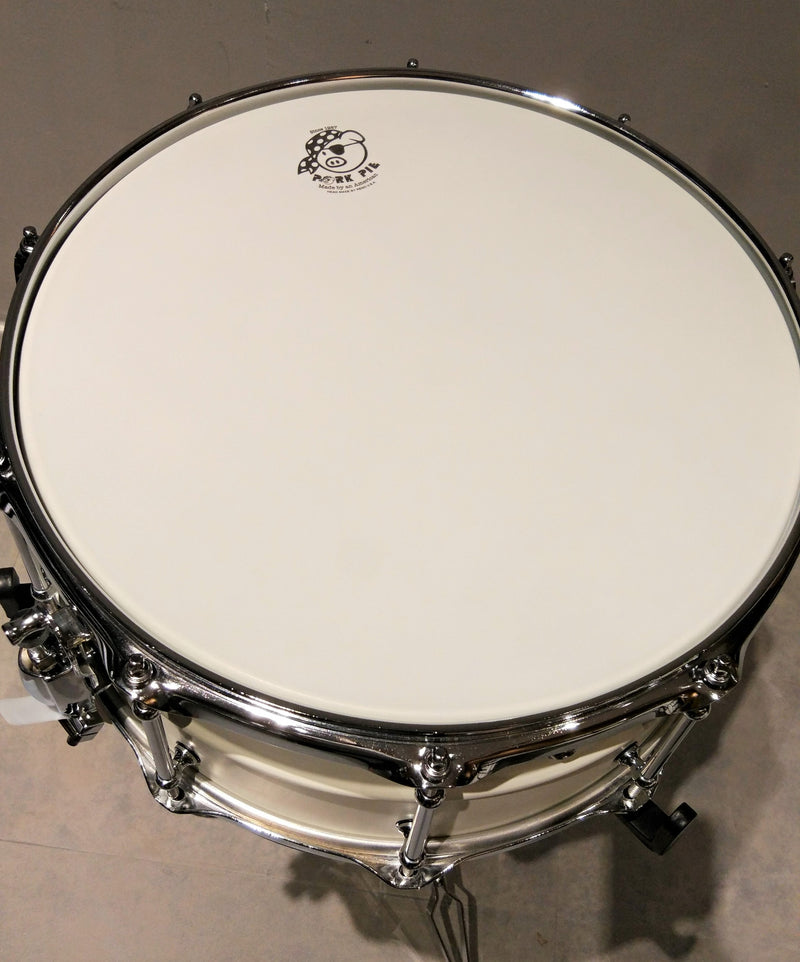 Pork Pie Snare  6.5"x14", Chrome Plated Brass Shell, Olympic White w/padded bag