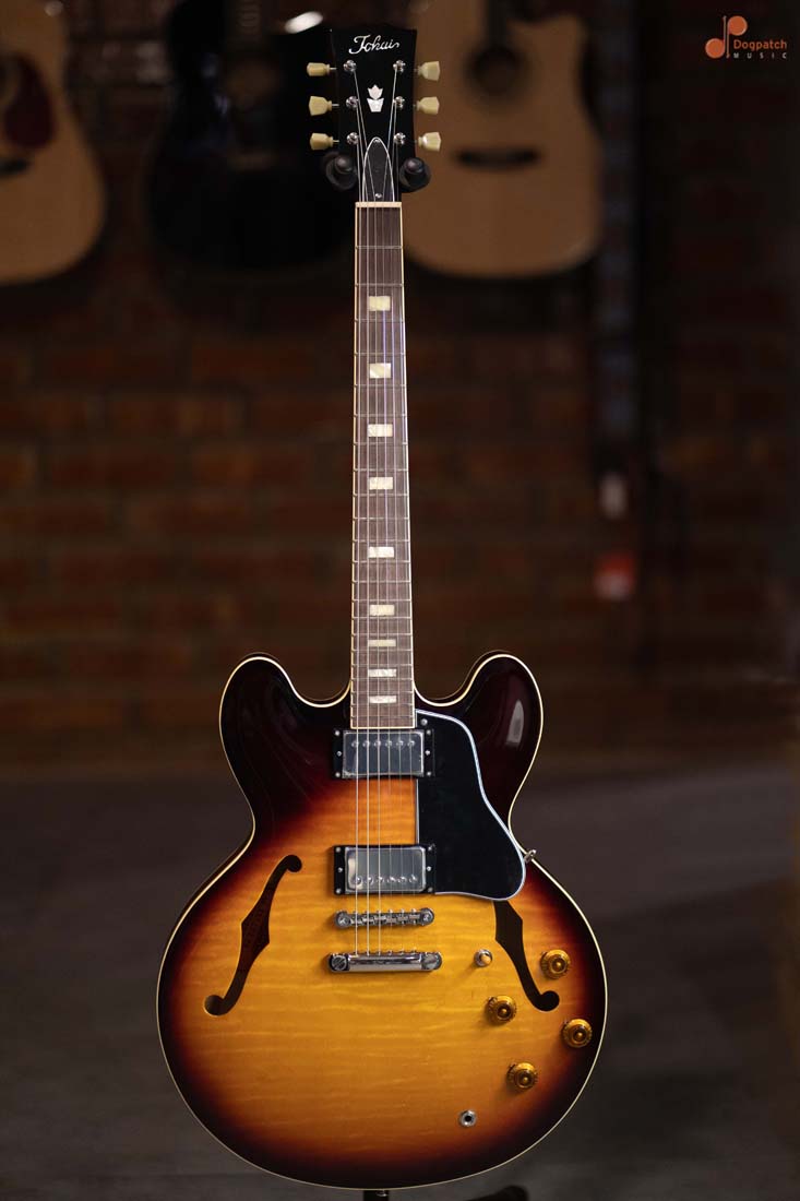 (Sold Out)Tokai UES-198 Electric Guitar. Semi-Hollow, Tea Burst (TB), MIJ, with Hard Shell Case