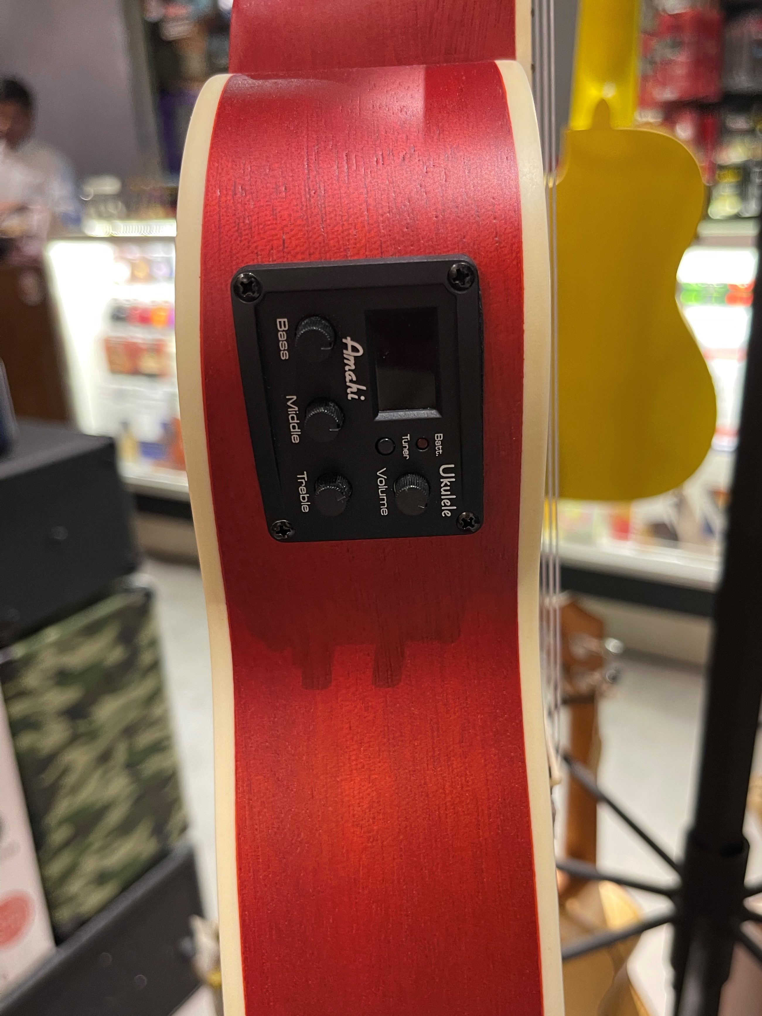 Amahi UK 205EQ, Bright Red, Mahogany Ukulele - Concert Size with Gig Bag