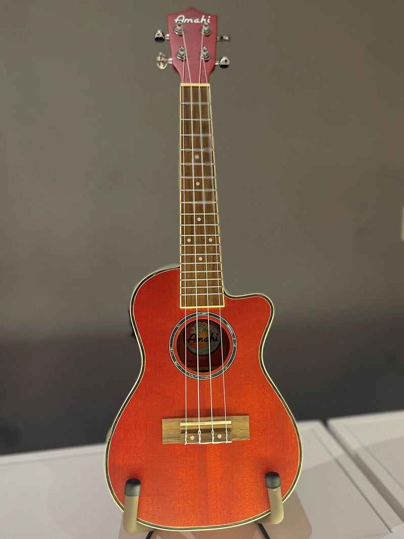 Amahi UK 205EQ, Bright Red, Mahogany Ukulele - Concert Size with Gig Bag
