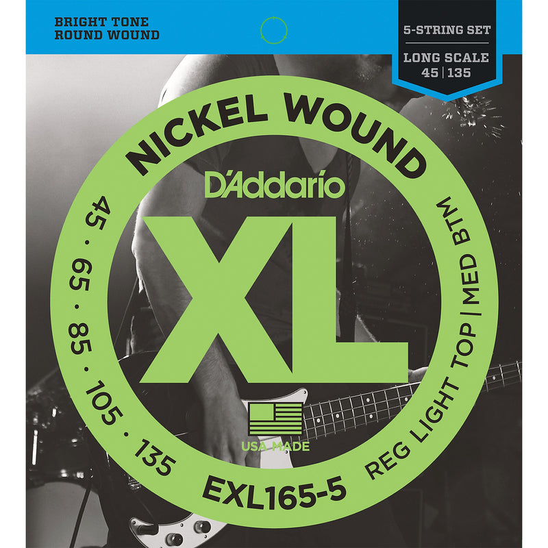 D'Addario EXL165-5 Regular Light Top/ Medium Bottom Nickel Wound 5-string Long Scale Bass - .045-.135