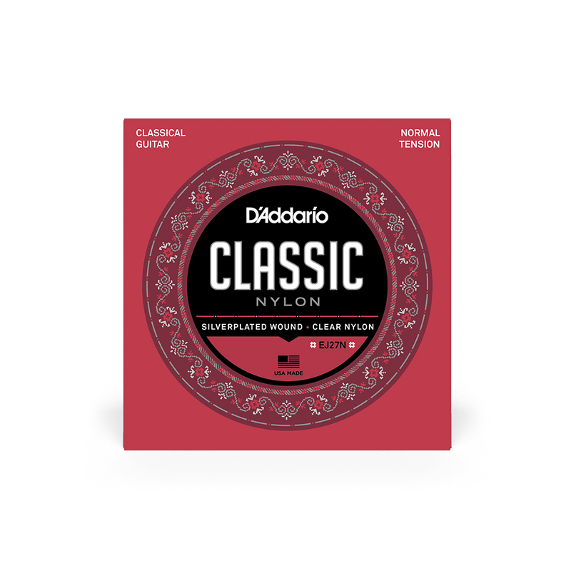 D'Addario EJ27N Silver Plated Wrap, Nylon Core, Clear Nylon Trebles ball end. Student Nylon Classical Guitar Strings, Normal Tension