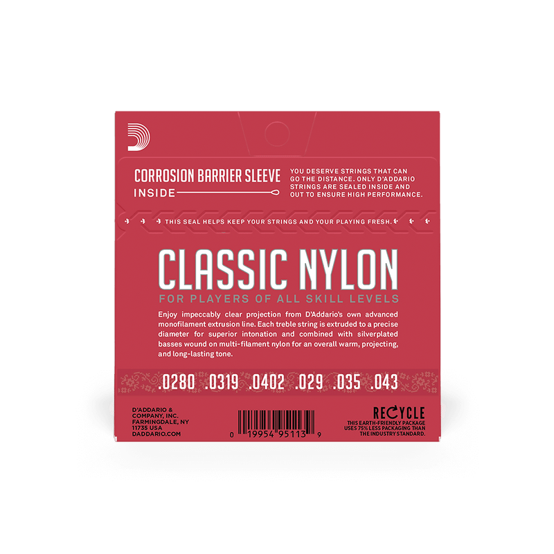D'Addario EJ27N Silver Plated Wrap, Nylon Core, Clear Nylon Trebles ball end. Student Nylon Classical Guitar Strings, Normal Tension