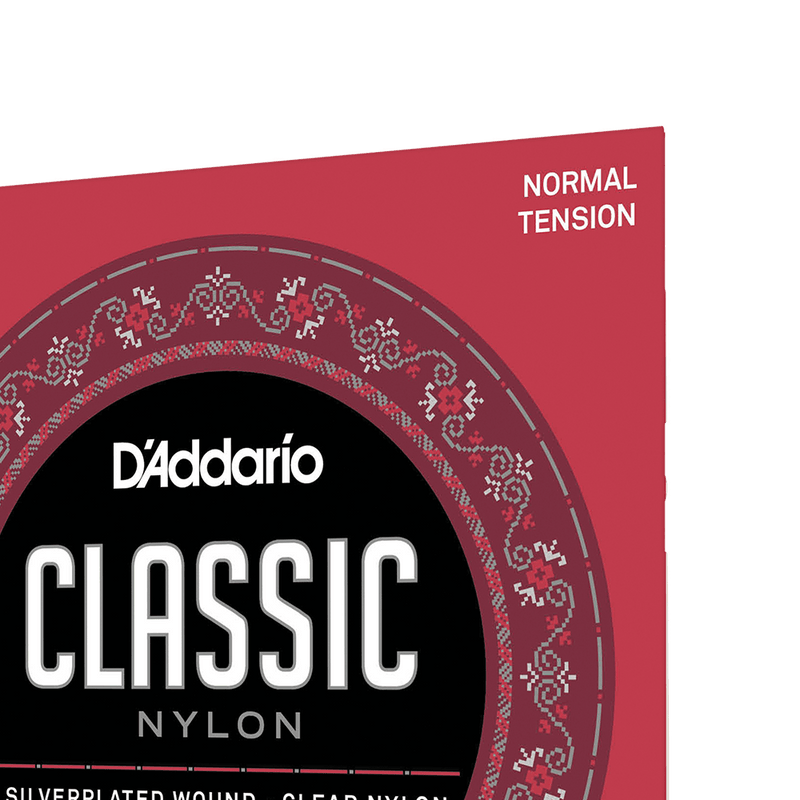 D'Addario EJ27N Silver Plated Wrap, Nylon Core, Clear Nylon Trebles ball end. Student Nylon Classical Guitar Strings, Normal Tension